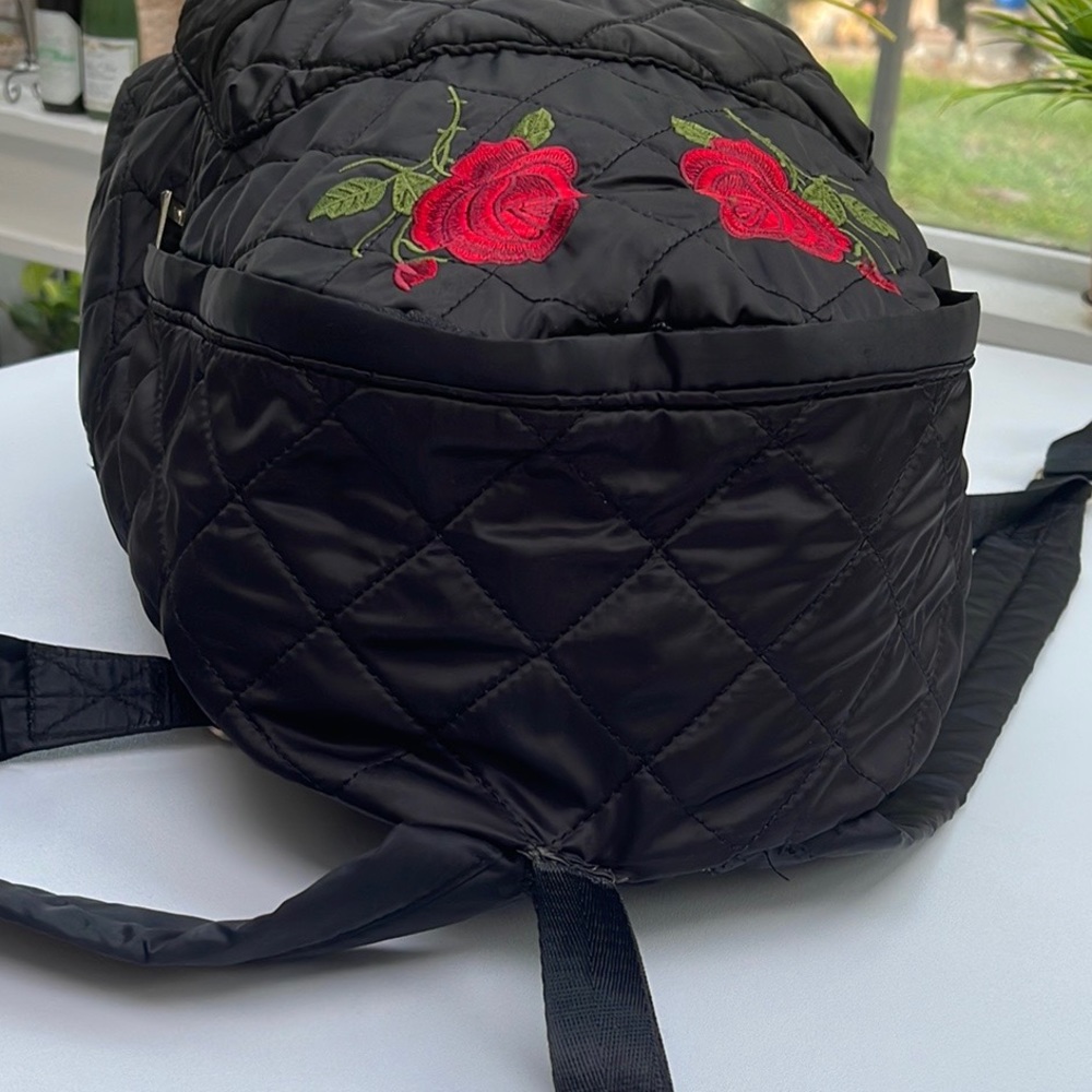 Embroidered Roses Black Quilted Backpack - Picture 8 of 16